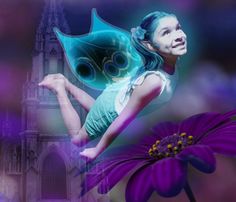 a girl with blue hair is flying in the air next to a purple flower and clock tower