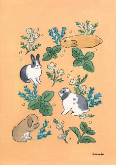 an image of rabbits and flowers on a yellow background