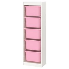 a white and pink shelf with three bins