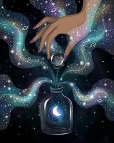 a person's hand reaching into a jar filled with water and stars in the sky