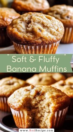 soft and fluffy banana muffins on a cooling rack with the title above it