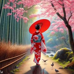 a painting of a woman walking down a path with an umbrella in her hand and birds around her