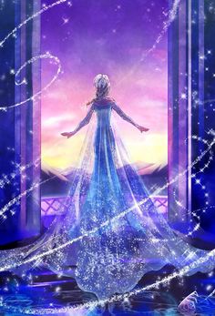 a frozen princess standing in front of a purple and blue background