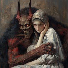 a painting of a woman sitting next to a demonic demon with her hands on her chest