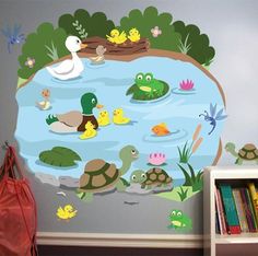 a child's room with a pond full of ducks, turtles and other animals