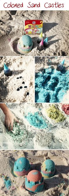 several pictures of different colored sand castles on the beach with text overlay that says colored sand castles