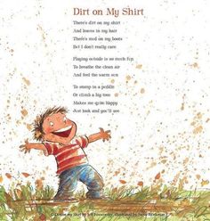 an illustrated children's book about dirt on my shirt, featuring a young boy standing in the grass with his arms outstretched