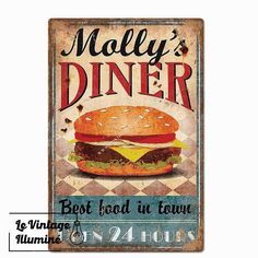 Plaque Métal Vintage Hamburger Molly's Diner - Le Vintage Illuminé Restaurant Vintage, Vintage Diner, Personalized Housewarming Gifts, Vintage Restaurant, Bar Logo, Vintage Tin Signs, Logo Vintage, Metal Wall Sign, Estilo Art Deco