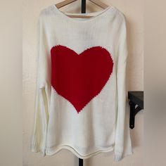 This Is An 100% Acrylic Sweater With A Beautiful Large Red Heart Design In The Front. A Little See Through So You May Want To Add An Undergarment. The Color Is Ivory With The Red Heart. This Is Brand New With Tag. Red Heart Design, Acrylic Sweater, Heart Sweater, Sweater White, Heart Design, Red Heart, Sweater Sizes, Scoop Neck, Sweaters For Women