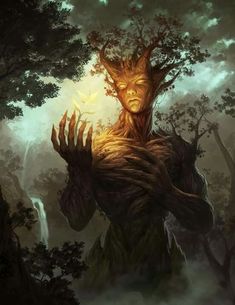 an image of a tree man in the forest with his hands up to his face