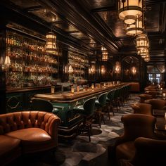 a dimly lit bar with brown leather chairs and chandelier hanging from the ceiling