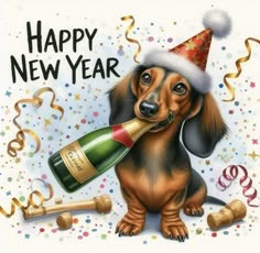 a happy new year card with a dachshund holding a bottle of champagne