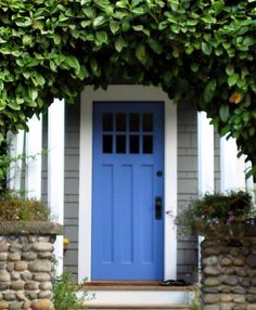 a blue front door is surrounded by greenery