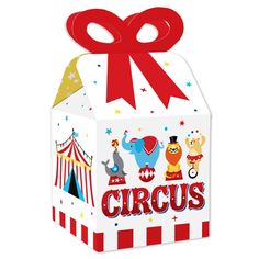 a circus themed box with a red bow on the top and an image of circus animals