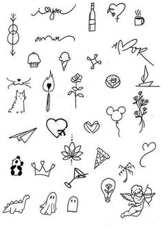 some black and white drawings with different things on them in the middle one is drawn by someone