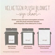 an advertisement for velvete plush blanket size chart with instructions on how to use it