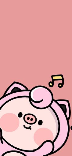 a cartoon pig with music notes coming out of it's ears and eyes, on a pink background