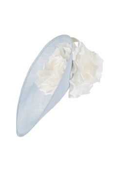 Gorgeous soft blue sidesweep hat. Trimmed with large silk flowers and silk abaca bow. Elastic and fixture to secure the hat behind the hairline at the back of the head. A beautiful hat which is perfect for weddings and Royal Ascot. This hat has a four week lead-time from placement of order.