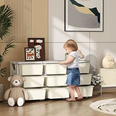 Space can be precious, and this minimalistic design from Qaba allows homes with limited extra room for furniture to accommodate them. The large removable bins will make items easy to access, so when a kid can't find something, they can search the boxes without having to stick their hand in the back of the drawer where they can't see. These containers are made for simplicity, storage, and a smooth, cleanable surface. Kids Storage Units, Dresser Furniture, Playroom Storage, Wooden Drawers, Plastic Bins, Toddler Furniture, Organization Kids, Bedroom Furniture Dresser, Toy Organization