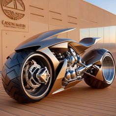 a futuristic motorcycle parked in front of a building