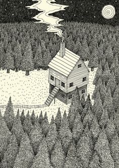 a drawing of a house in the middle of a forest under a full moon and stars