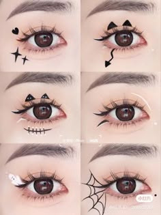 Halloween eyes shadow, eyes with ghost, eyes with cat eyes, eyes with spiderweb, eyes with hearts, cute eye makeup Cute Makeup For Halloween, Cute Halloween Eyeliner, Easy Halloween Eyeshadow, Heloween Make Up, Eyeliner Spiderweb, Ghost Eye Makeup, Eyeliner Spider, Make Up Halloween Aesthetic, Halloween Cute Makeup