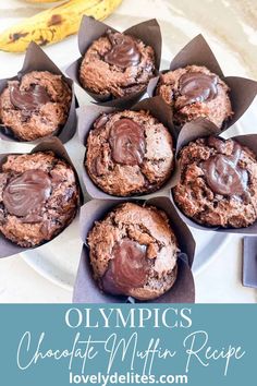 chocolate muffins in paper cups on a white plate with bananas and text overlay