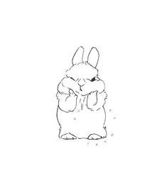 a drawing of a rabbit holding its head in his hands and looking at the ground