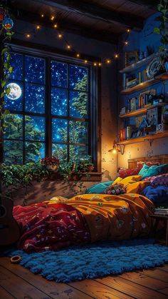 a room with a bed, desk and window overlooking the night sky is lit by string lights