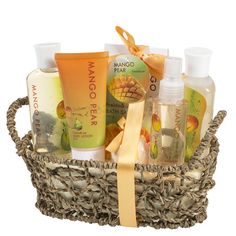 Mango Pear Spa Gift Set Woven Antique Basket Antique Basket, Bath Fizzers, Spa Gift Set, Pear Body, Spa Gift Basket, Bath Gift Set, Bath Gift, Spa Gifts Set, Bath Salt