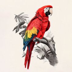 a red parrot sitting on top of a tree branch next to green and yellow leaves