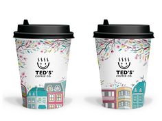 two coffee cups with different designs on them