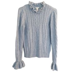 This New Light Blue Cable Knit Sweater With Ruffle Edging From H&M Is Great For A Winter’s Day! Excellent Condition 86% Acrylic/8% Polyamide/6% Polyester Approx Measurements: Chest: 19” Length: 24” Sleeve: 26.5” Light Blue Cable Knit Top For Fall, Light Blue Elegant Tops For Winter, Elegant Light Blue Winter Top, Elegant Light Blue Tops For Winter, H&m Knitted Long Sleeve Tops, H&m Long Sleeve Knitted Tops, H&m Fitted Knit Sweater, Cozy Fitted Blue Sweater, Fitted Blue Cable Knit Top