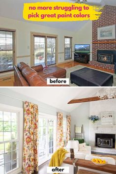 before and after pictures of a living room remodel with brick fireplace, couches, windows, and curtains