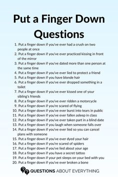 list of 20 put a finger down questions Put A Finger Down Questions, Funny Truth Or Dare, Best Friend Test, Funny Party Games