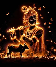 an image of a person playing flute in the dark with fire and birds flying around