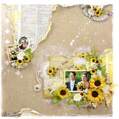 an altered photo with sunflowers and lace