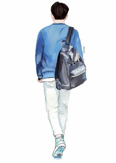 a drawing of a person walking with a back pack on their shoulder and wearing white pants