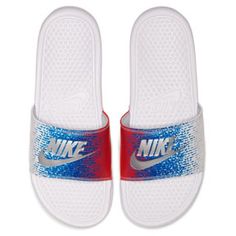 Nike Benassi Just Do It Soccer Sandal / Slide (White/Blue/Red): https://www.soccerevolution.com/store/products/NIK_18025_F.php Nike Slide Sandals, Nike Benassi Slides, Blue Nebula, Slides Nike, Swarovski Nike, Bling Flip Flops, Nike Benassi, Nike Slides, Crystal Sandals