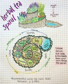 Herbal Spiral Garden, Herb Spiral Garden Design, Spiral Herb Garden Diy, Herbal Tea Garden Design, Permaculture Small Garden, Permaculture Landscape Design, Small Permaculture Garden Design, Backyard Permaculture Design, Spiral Garden Design