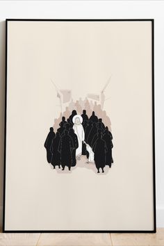 an image of a group of people standing in front of a white wall with a black frame