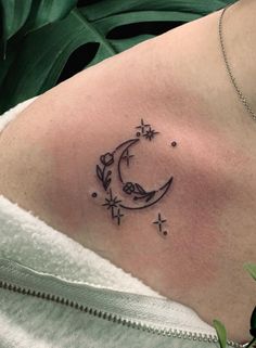 Wisdom Flower Mini Tattoos Of Moon And Stars Cute Moon And Stars Tattoo, Moon And Stars Small Tattoo, Cute Moon Tattoos For Women, Moon Neck Tattoos Women, Flower With Stars Tattoo, Moon And 2 Stars Tattoo, Moons And Stars Tattoos, Moon And Stars Tattoo Designs For Women, Star And Moon Tattoo Designs