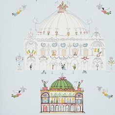 a drawing of a building with many birds flying around it and on top of the building