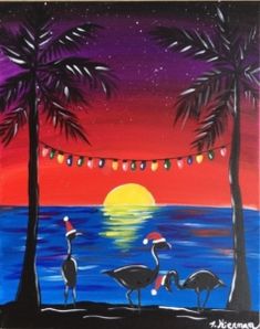 an acrylic painting of three flamingos in front of the ocean at night