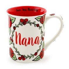 a red and white coffee mug with the word nana on it's side