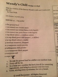 the menu for wendy's chili recipe is shown in black and white, as well as instructions on how to make it