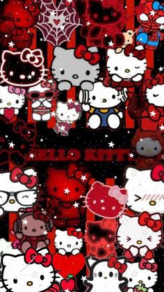 many hello kitty stickers are arranged on a red and black background with white snowflakes