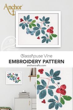 the finished embroidery pattern for glasshouse vine