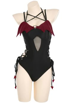 Devil Tail Gothic Claret Red Wings Halter Neck Cutout One-Piece Swimsuit Femboy Swim Outfit, Outfit For Beach Party, Monster High Closet, Cute Outfits To Draw, Gothic Swimsuit, Devil Outfit, Rave Outfits Diy, Outfit For Beach, Sea Swim