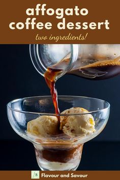 an ice cream sundae is being drizzled with coffee